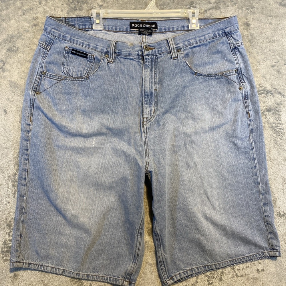 VTG Rocawear Jorts Shorts Mens 44 Blue Baggy Wide Leg Hip Hop Skater Cyber Y2K